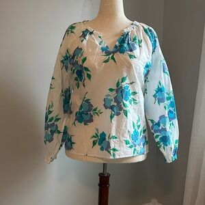 J. Crew Factory White Blouse with Blue Floral Print